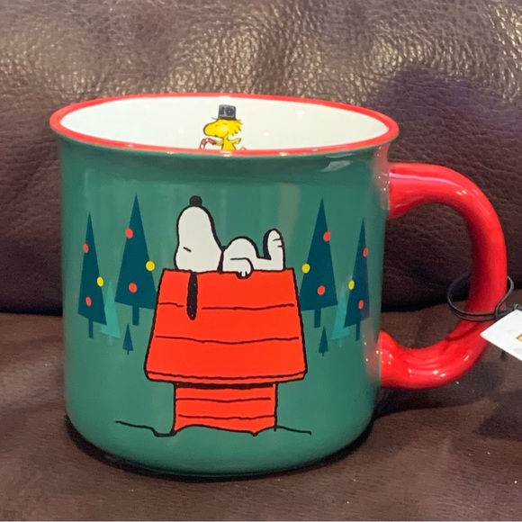 Snoopy on Doghouse with Christmas Trees Peanuts Mug - Woodstock with Candy Cane - Picture 2 of 10